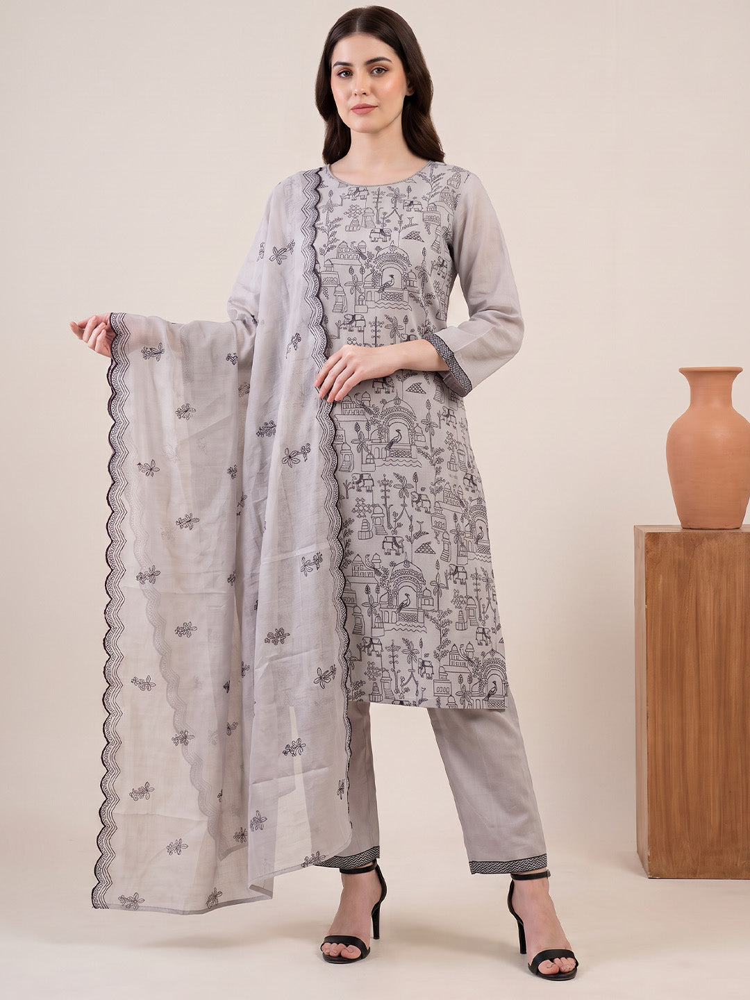 amoha by Secret Wish Grey Printed Cotton Blend Non-Maternity Kurta Set