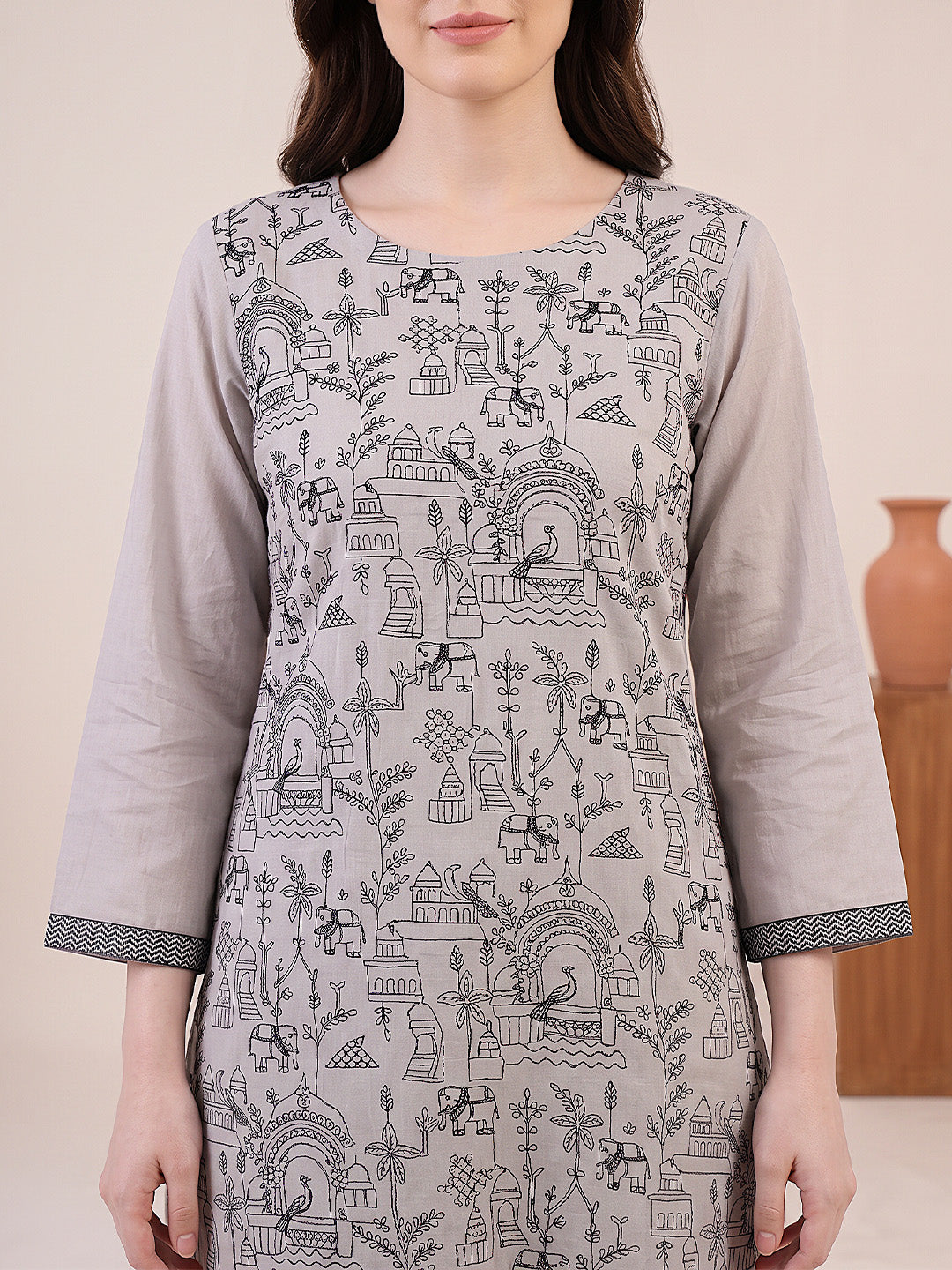 amoha by Secret Wish Grey Printed Cotton Blend Non-Maternity Kurta Set