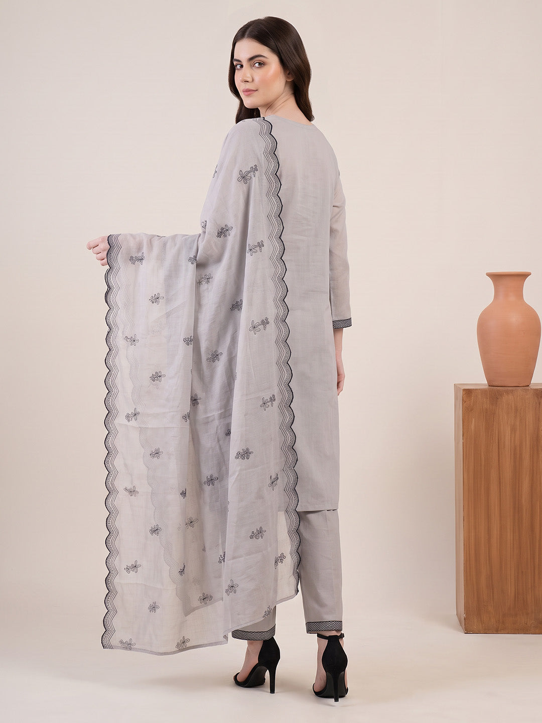 amoha by Secret Wish Grey Printed Cotton Blend Non-Maternity Kurta Set
