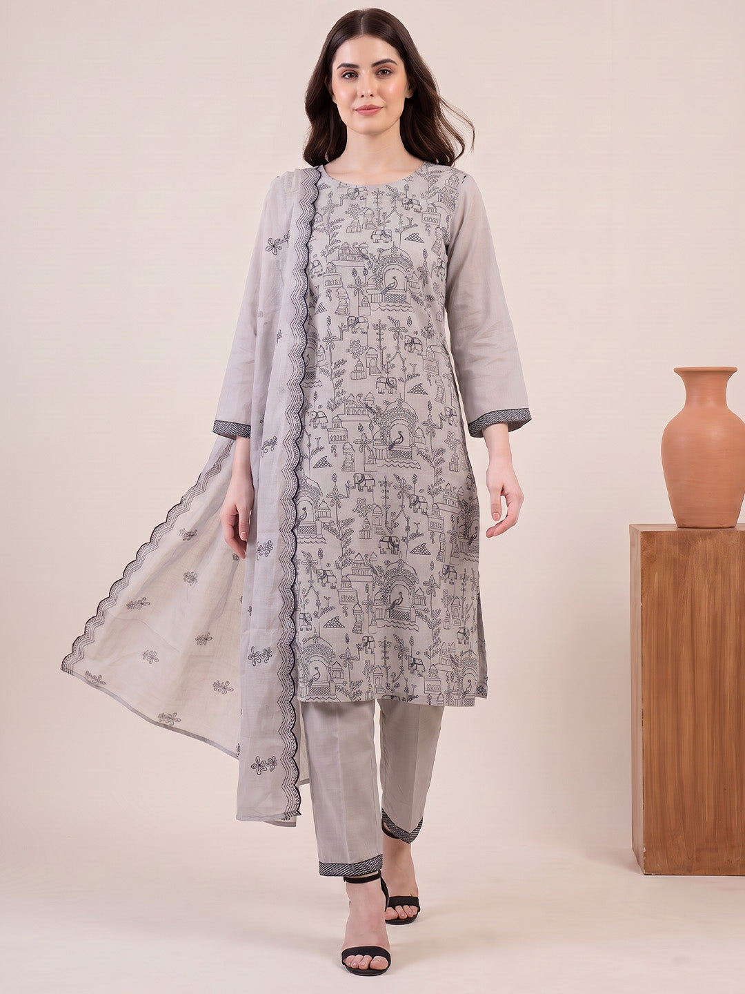 amoha by Secret Wish Grey Printed Cotton Blend Non-Maternity Kurta Set