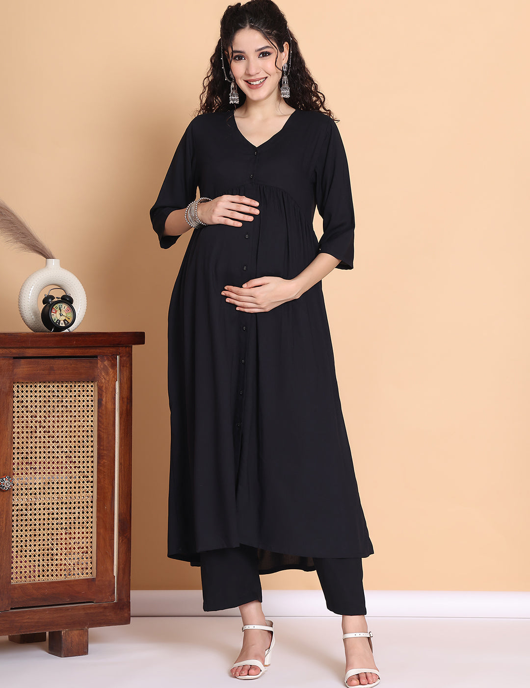 Black Solid Rayon Maternity Kurta with Trouser