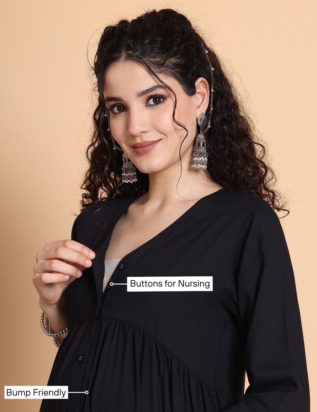 Black Solid Rayon Maternity Kurta with Trouser