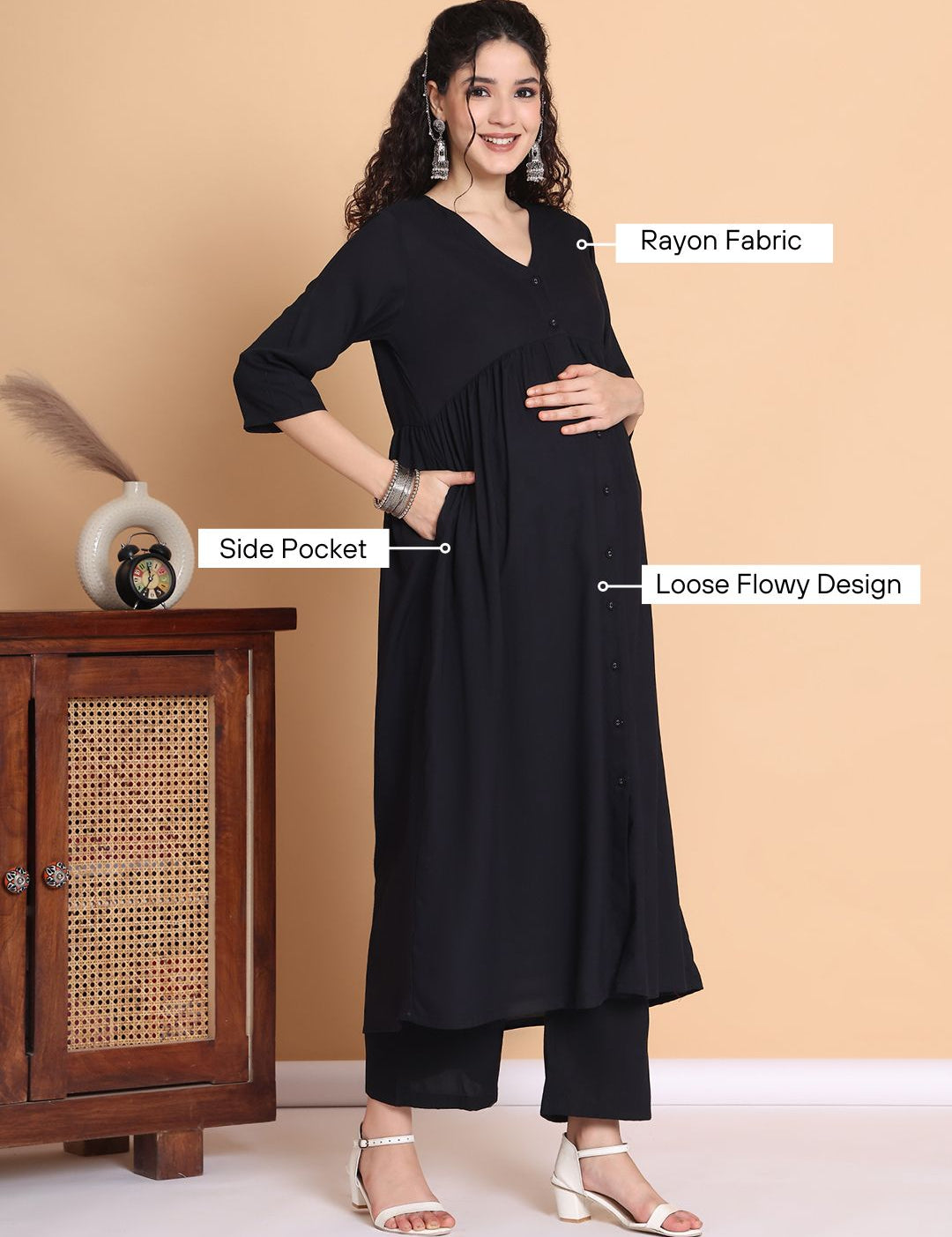 Black Solid Rayon Maternity Kurta with Trouser