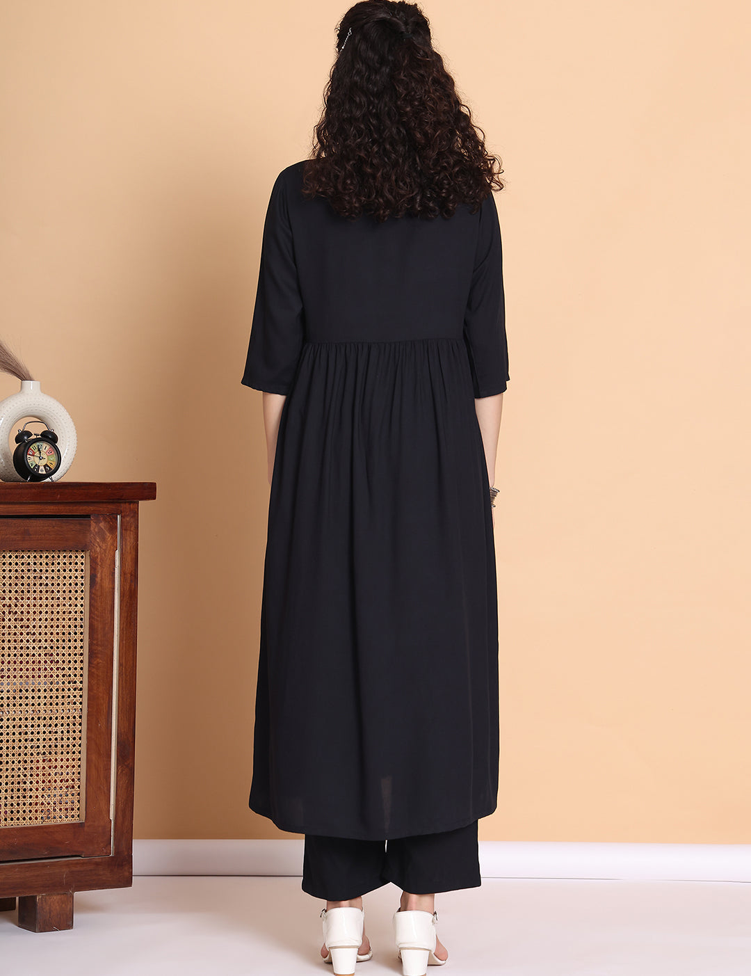 Black Solid Rayon Maternity Kurta with Trouser