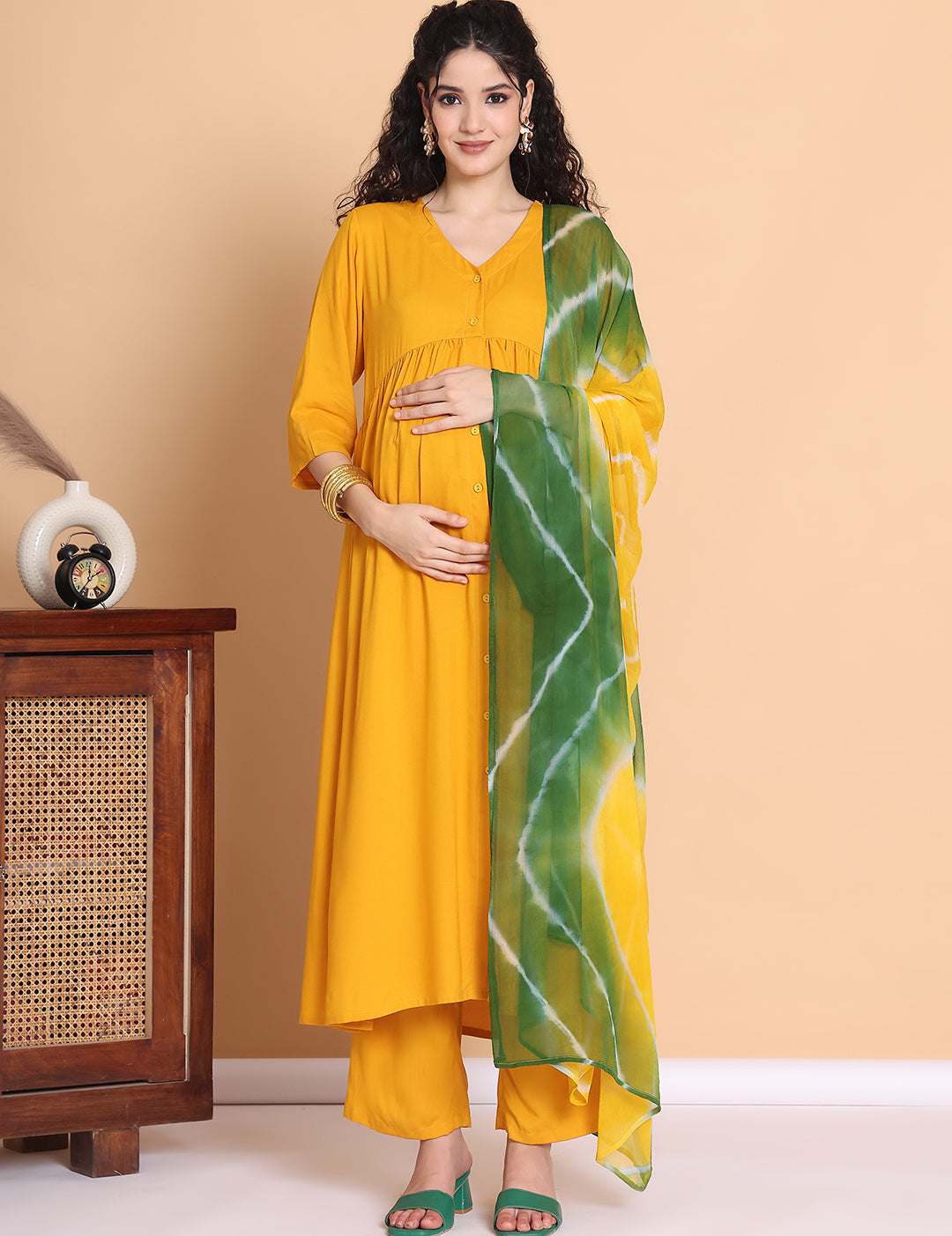 Mustard Solid Rayon Maternity Kurta with Trouser & Dupatta
