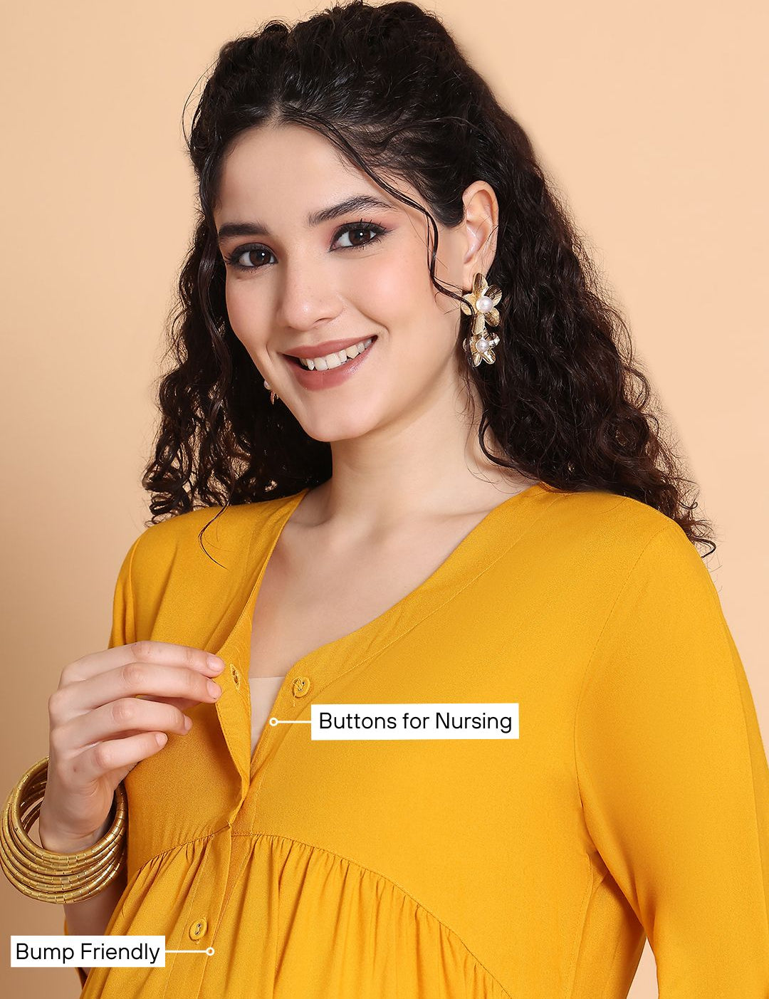 Mustard Solid Rayon Maternity Kurta with Trouser & Dupatta