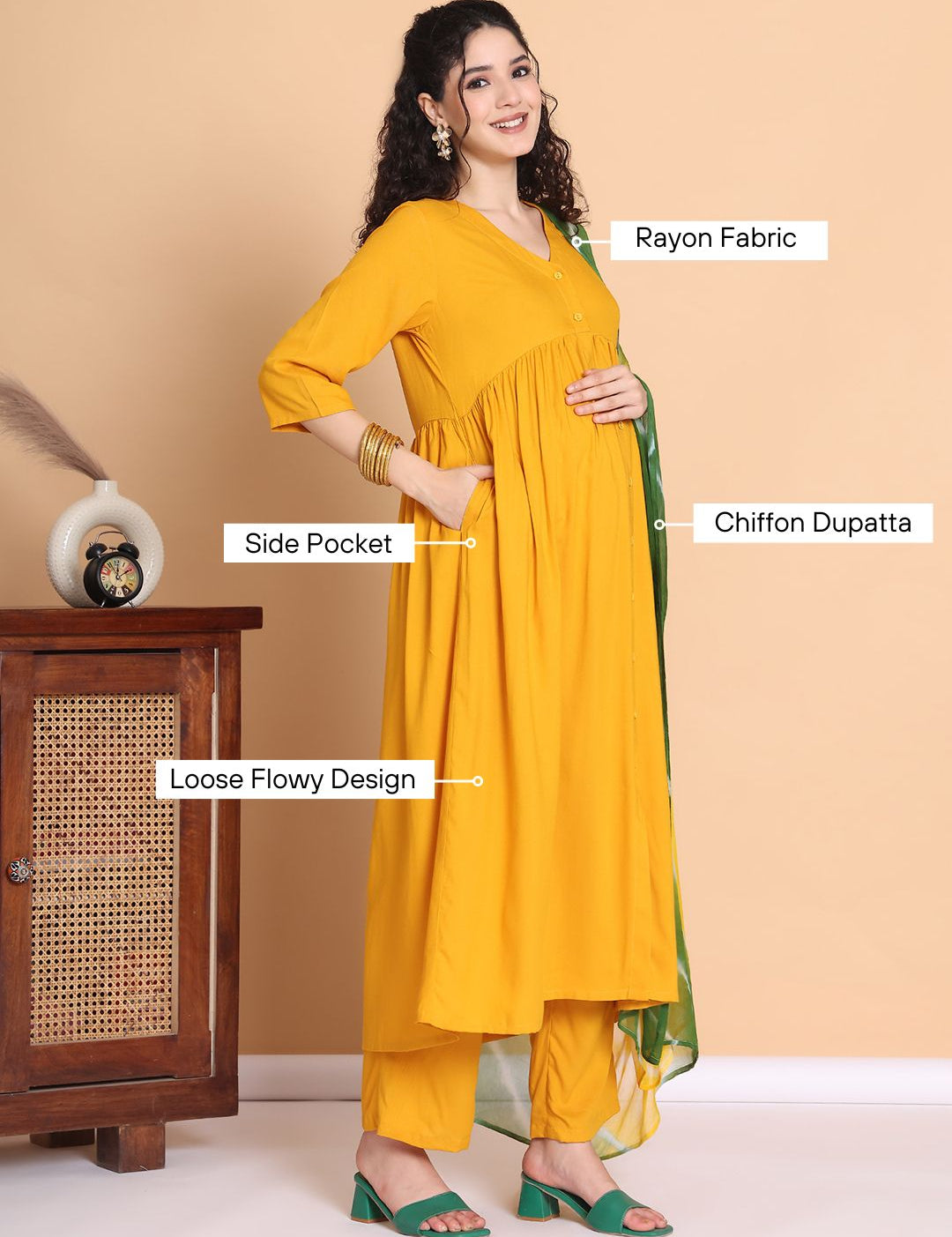 Mustard Solid Rayon Maternity Kurta with Trouser & Dupatta