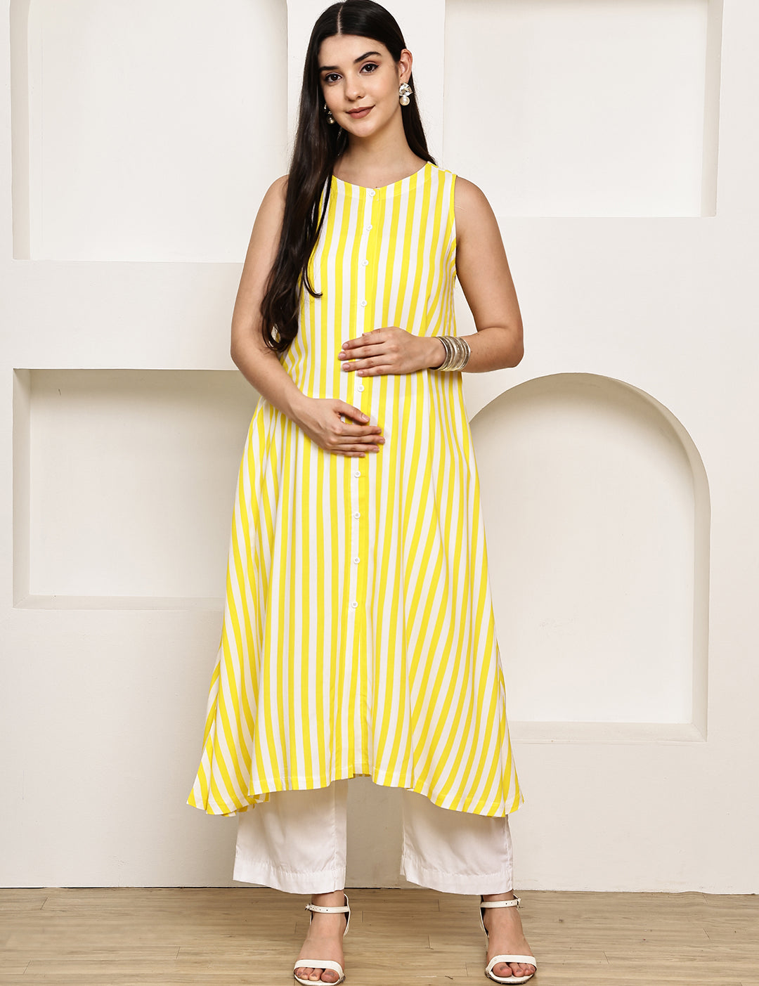 Yellow Striped Rayon Maternity Kurta with Trouser