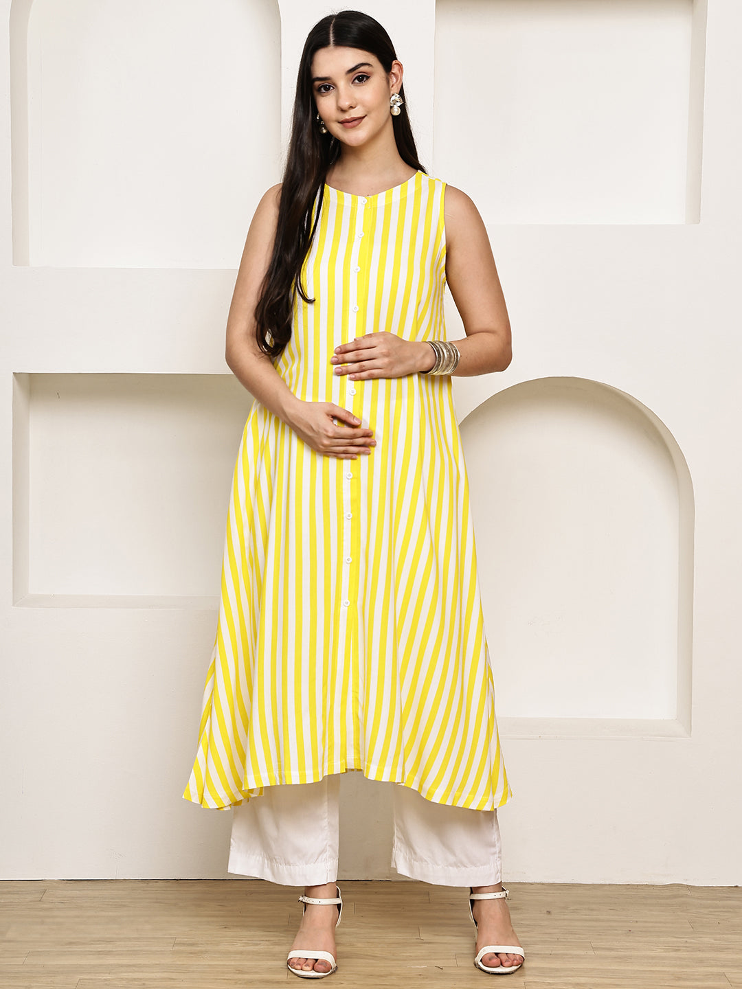 Yellow Striped Rayon Maternity Kurta with Trouser