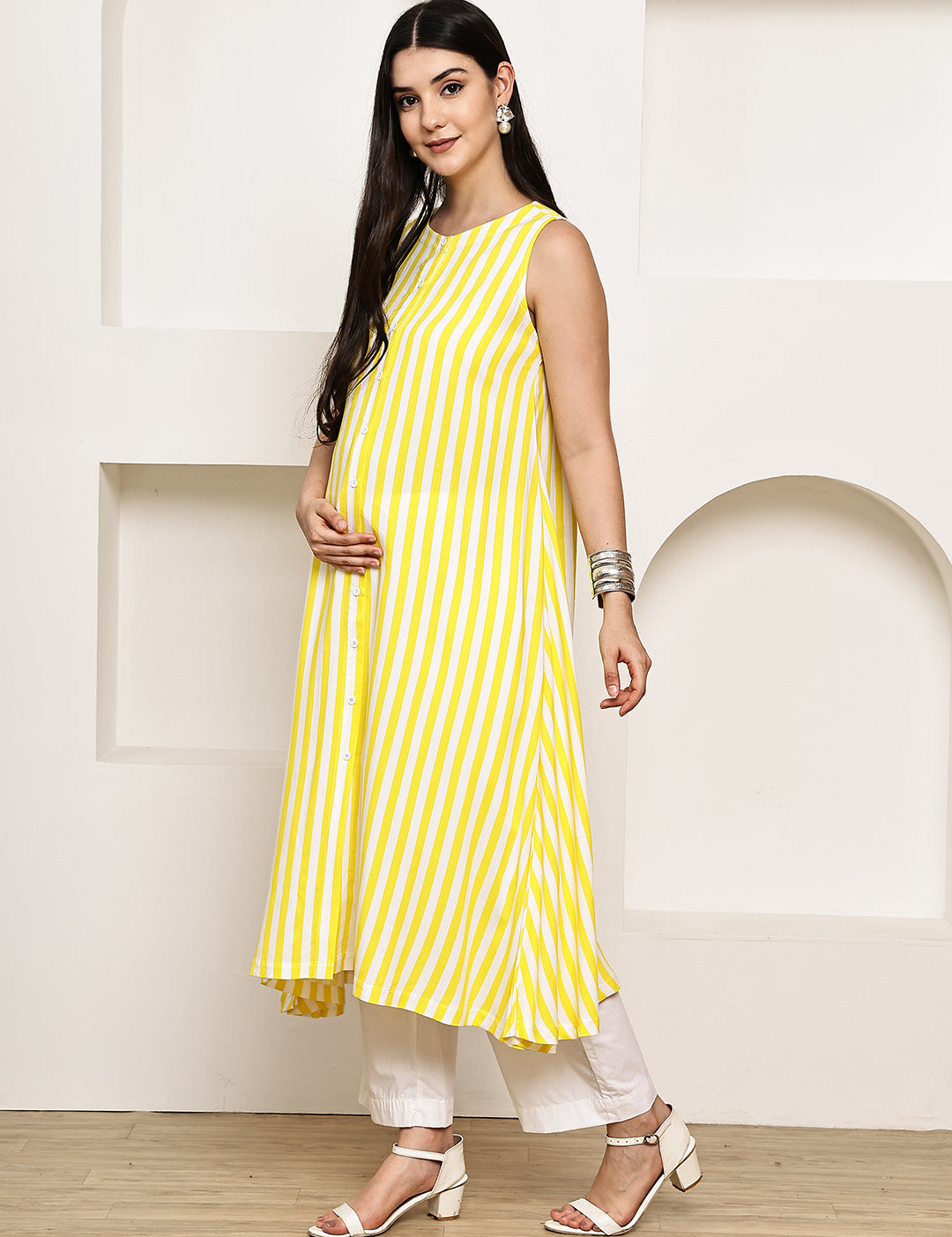 Yellow Striped Rayon Maternity Kurta with Trouser