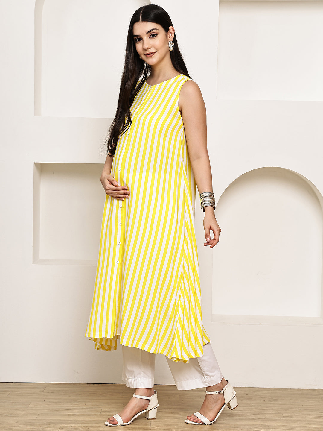 Yellow Striped Rayon Maternity Kurta with Trouser
