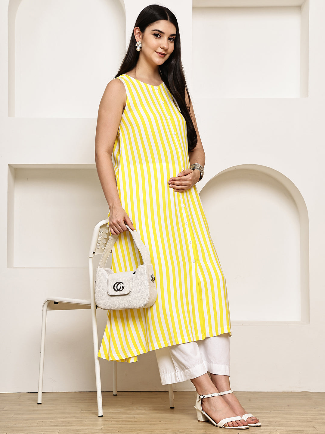 Yellow Striped Rayon Maternity Kurta with Trouser