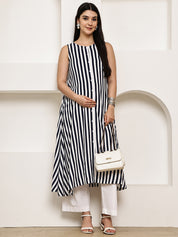 Navy Blue Striped Rayon Maternity Kurta with Trouser
