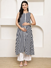 Navy Blue Striped Rayon Maternity Kurta with Trouser