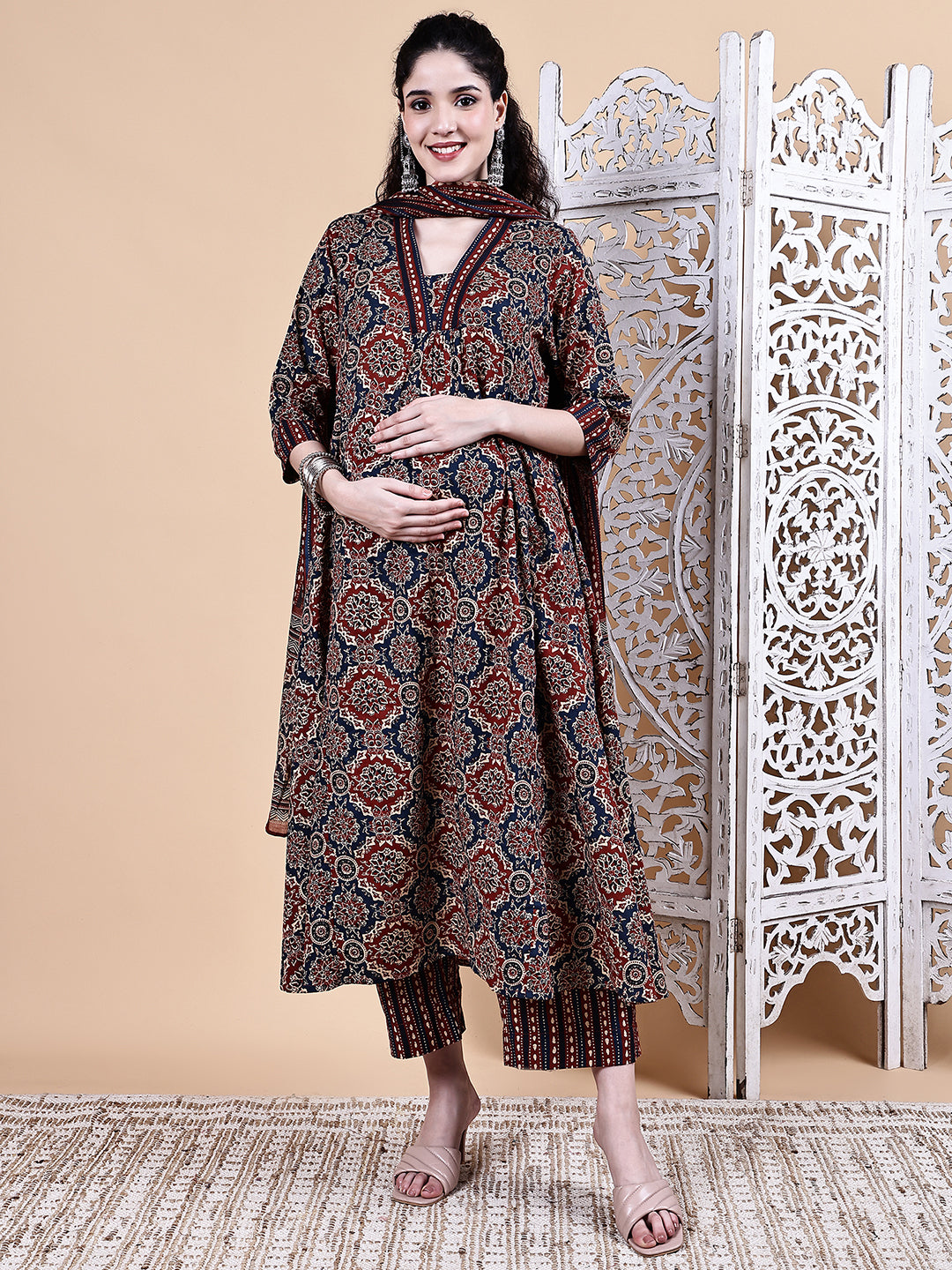 Brown Ajrakh Print Cotton Maternity Kurta with Trouser and Dupatta