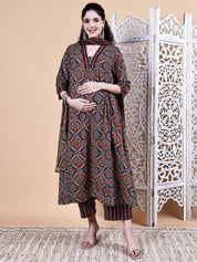 Brown Ajrakh Print Cotton Maternity Kurta with Trouser and Dupatta