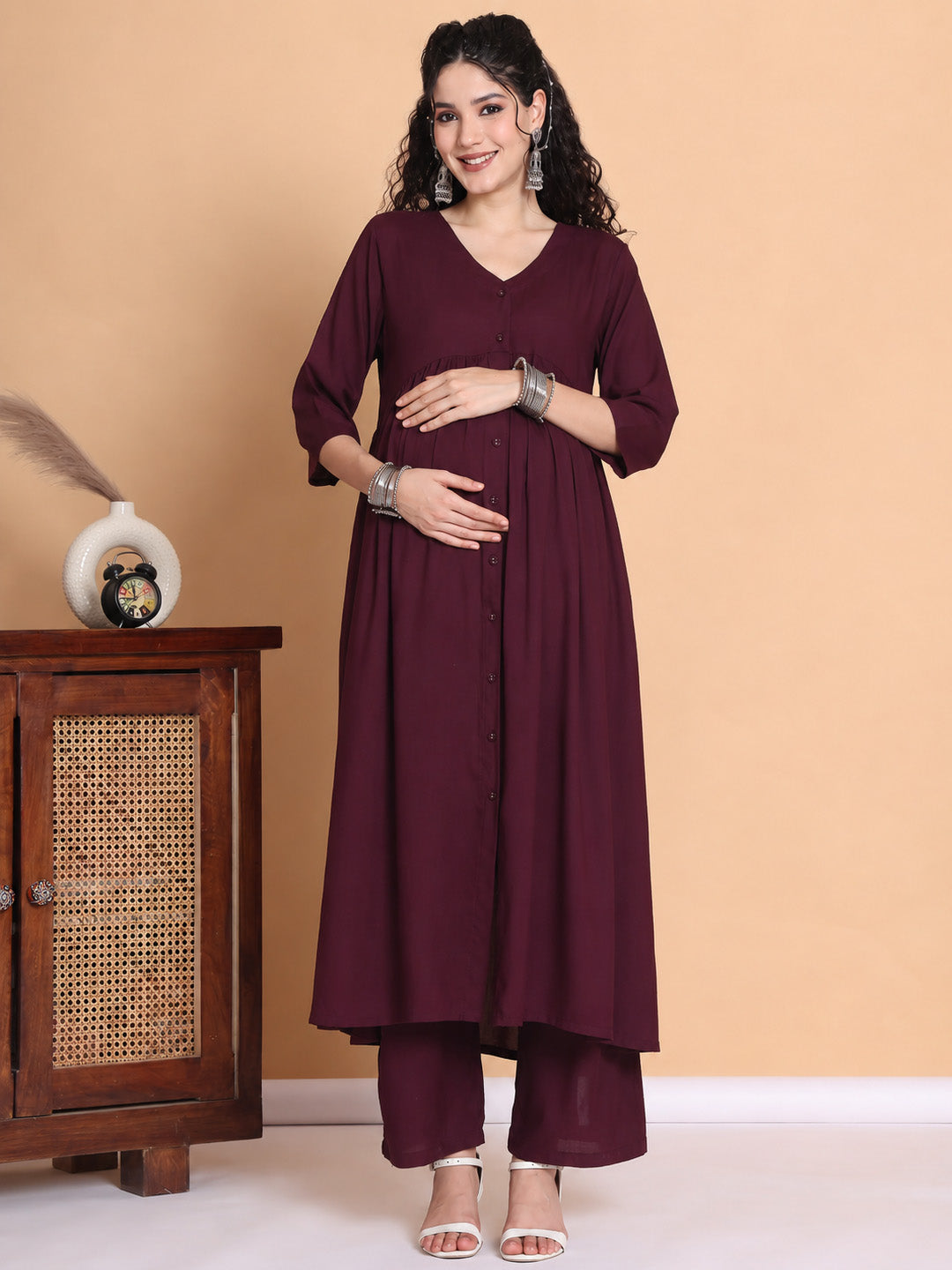 Wine Solid Rayon Maternity Kurta with Trouser