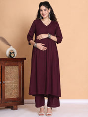 Wine Solid Rayon Maternity Kurta with Trouser