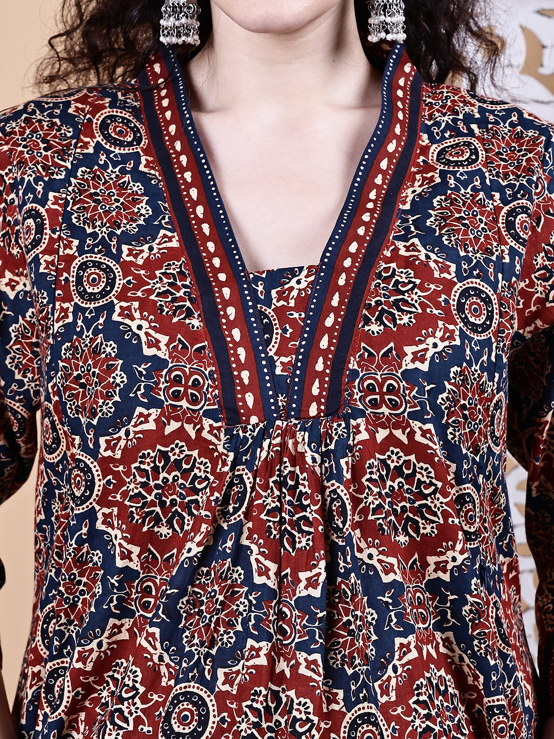 Brown Ajrakh Print Cotton Maternity Kurta with Trouser and Dupatta