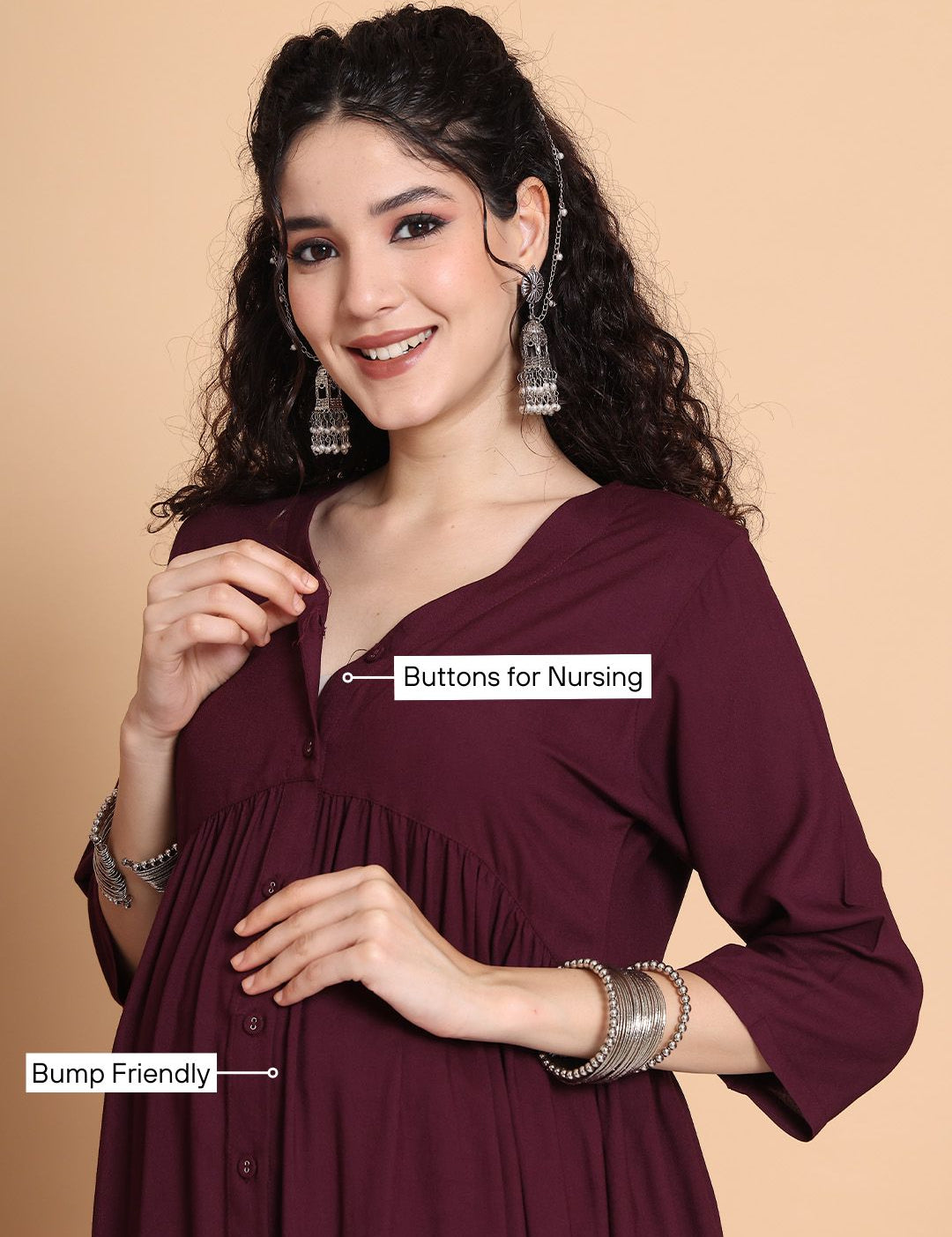 Wine Solid Rayon Maternity Kurta with Trouser