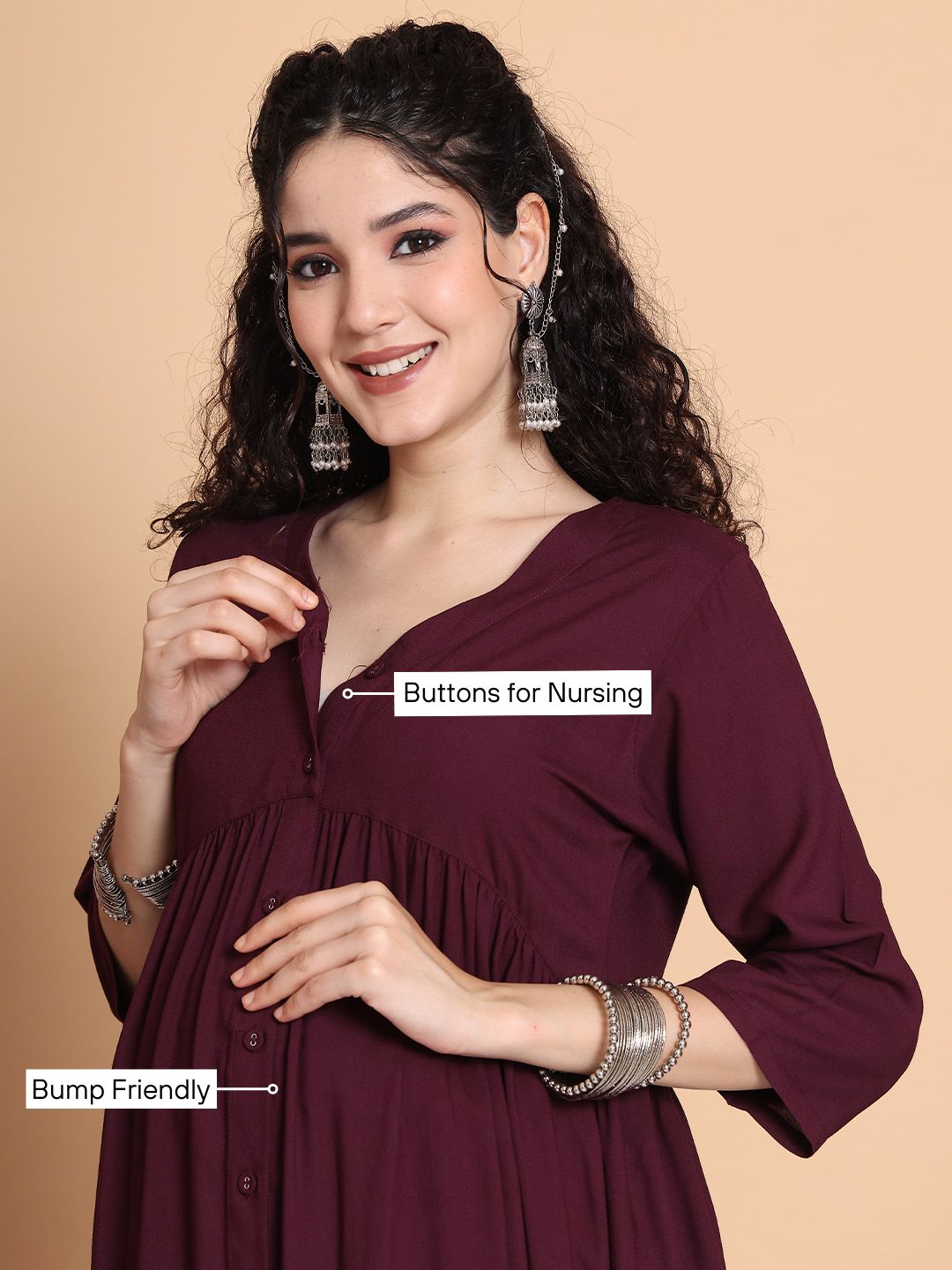 Wine Solid Rayon Maternity Kurta with Trouser