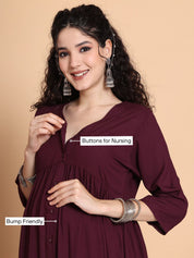 Wine Solid Rayon Maternity Kurta with Trouser
