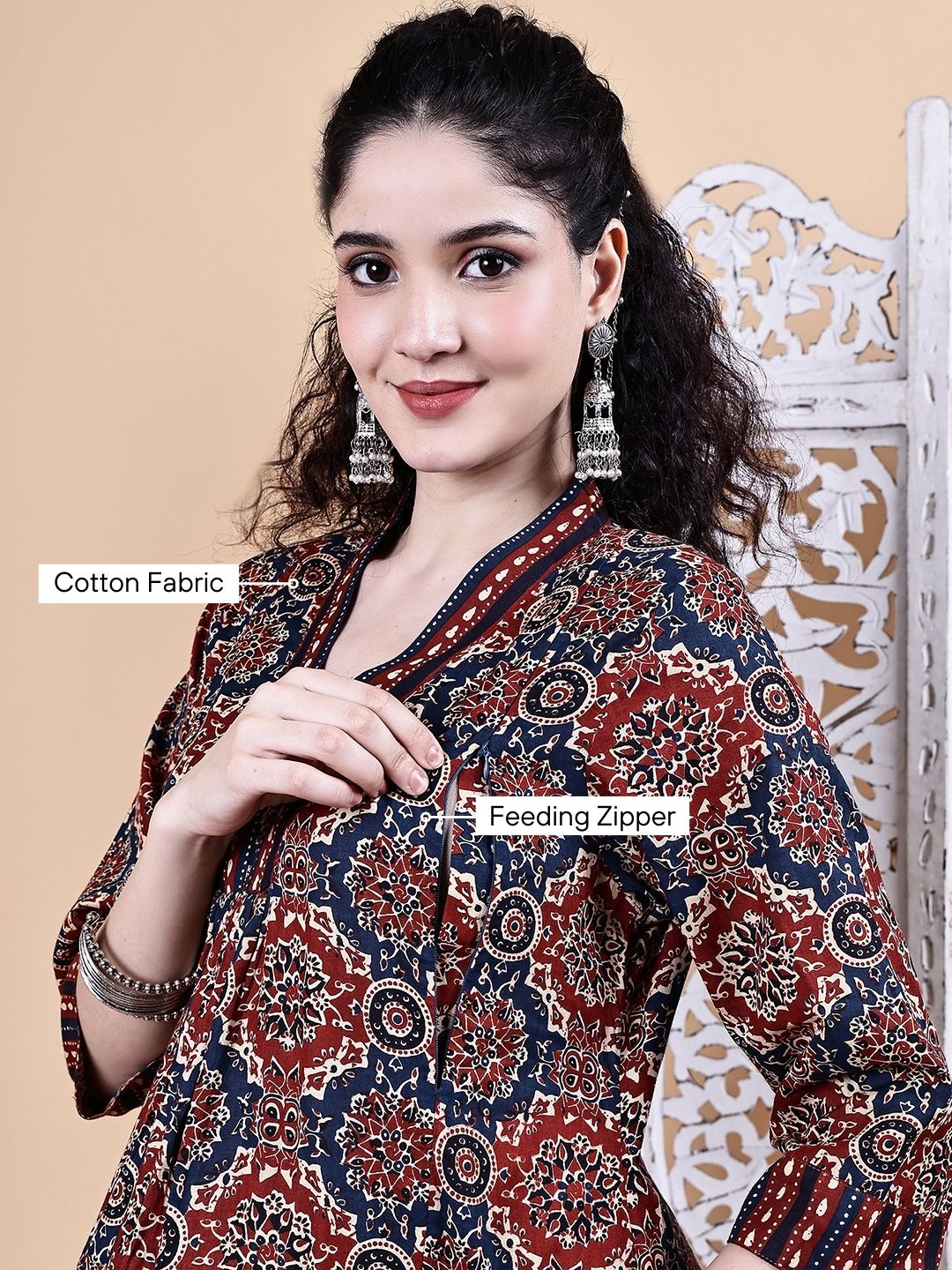 Brown Ajrakh Print Cotton Maternity Kurta with Trouser and Dupatta