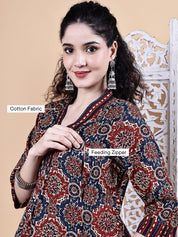 Brown Ajrakh Print Cotton Maternity Kurta with Trouser and Dupatta