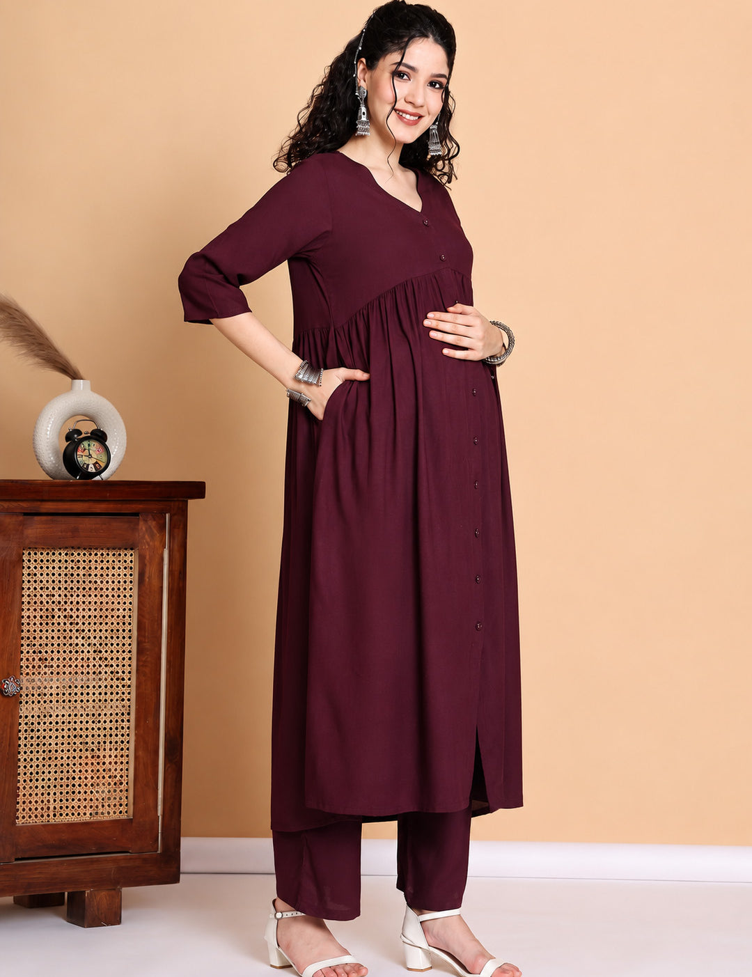 Wine Solid Rayon Maternity Kurta with Trouser