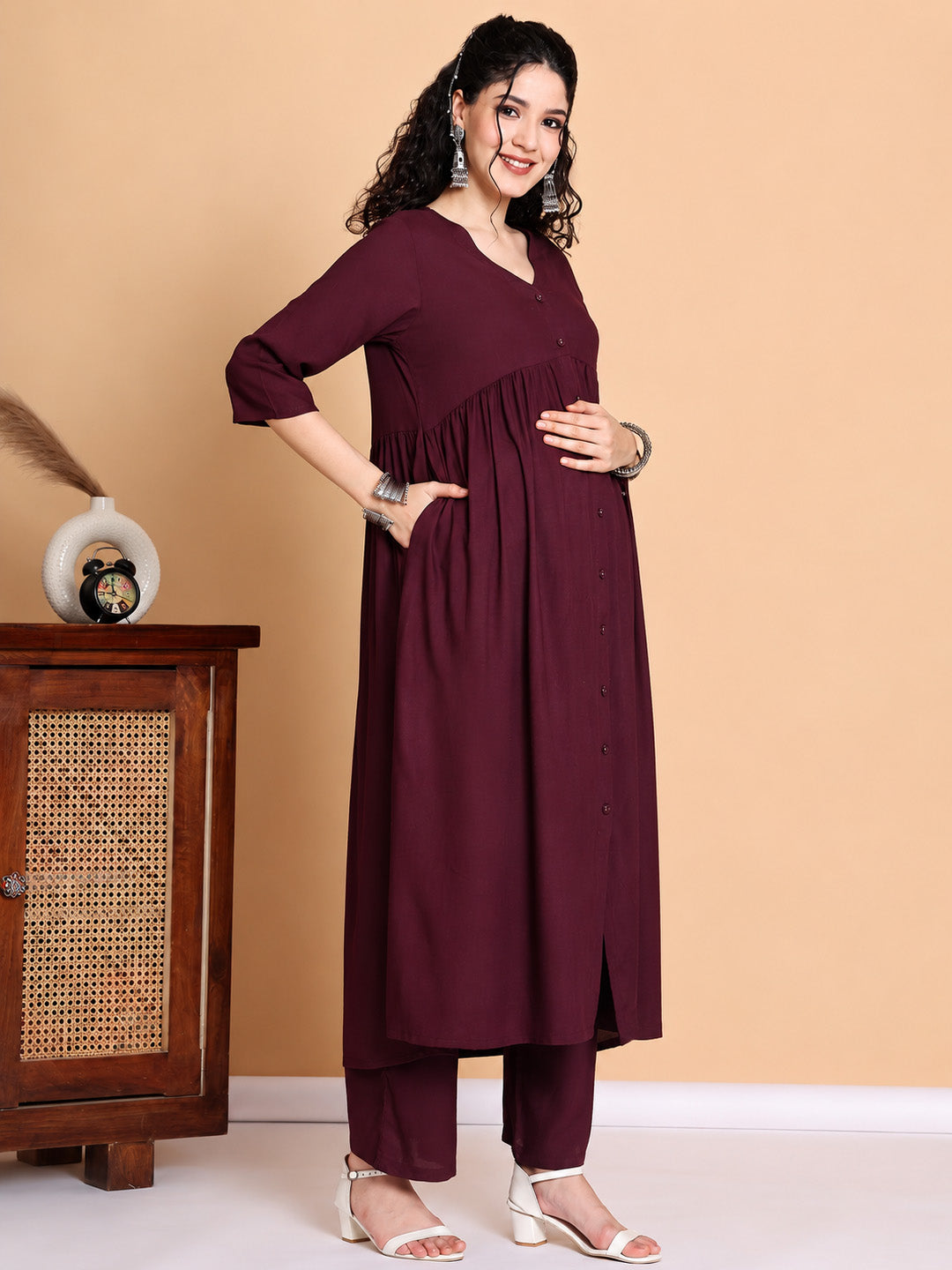 Wine Solid Rayon Maternity Kurta with Trouser