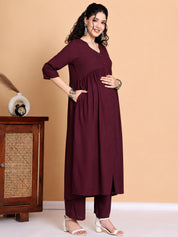 Wine Solid Rayon Maternity Kurta with Trouser