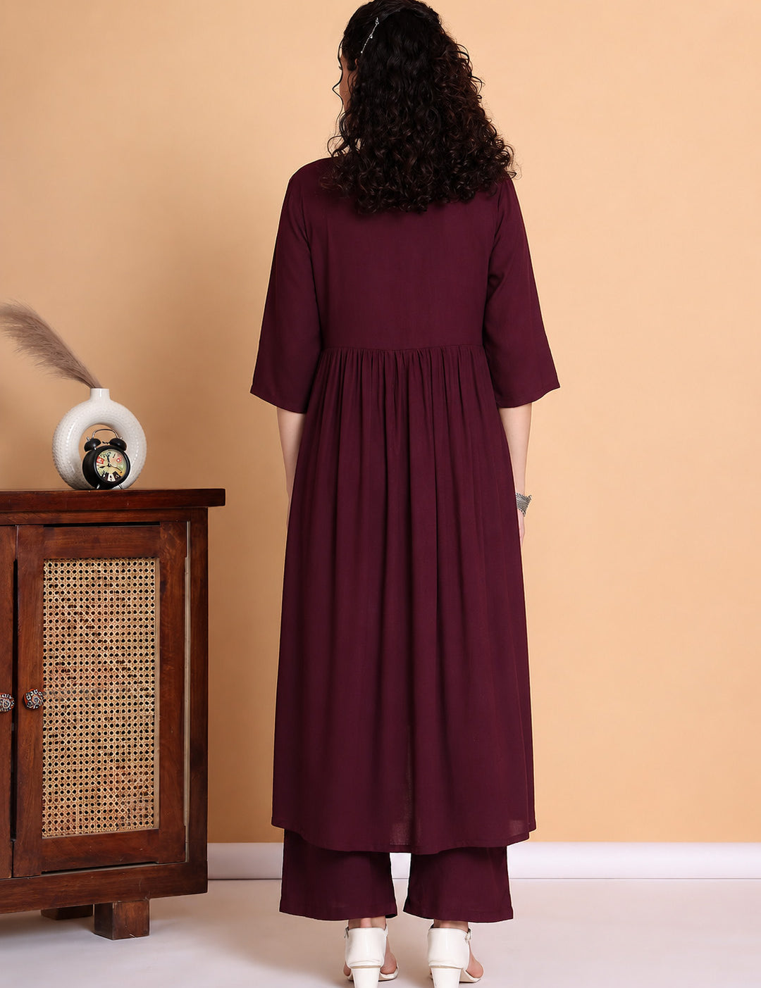 Wine Solid Rayon Maternity Kurta with Trouser