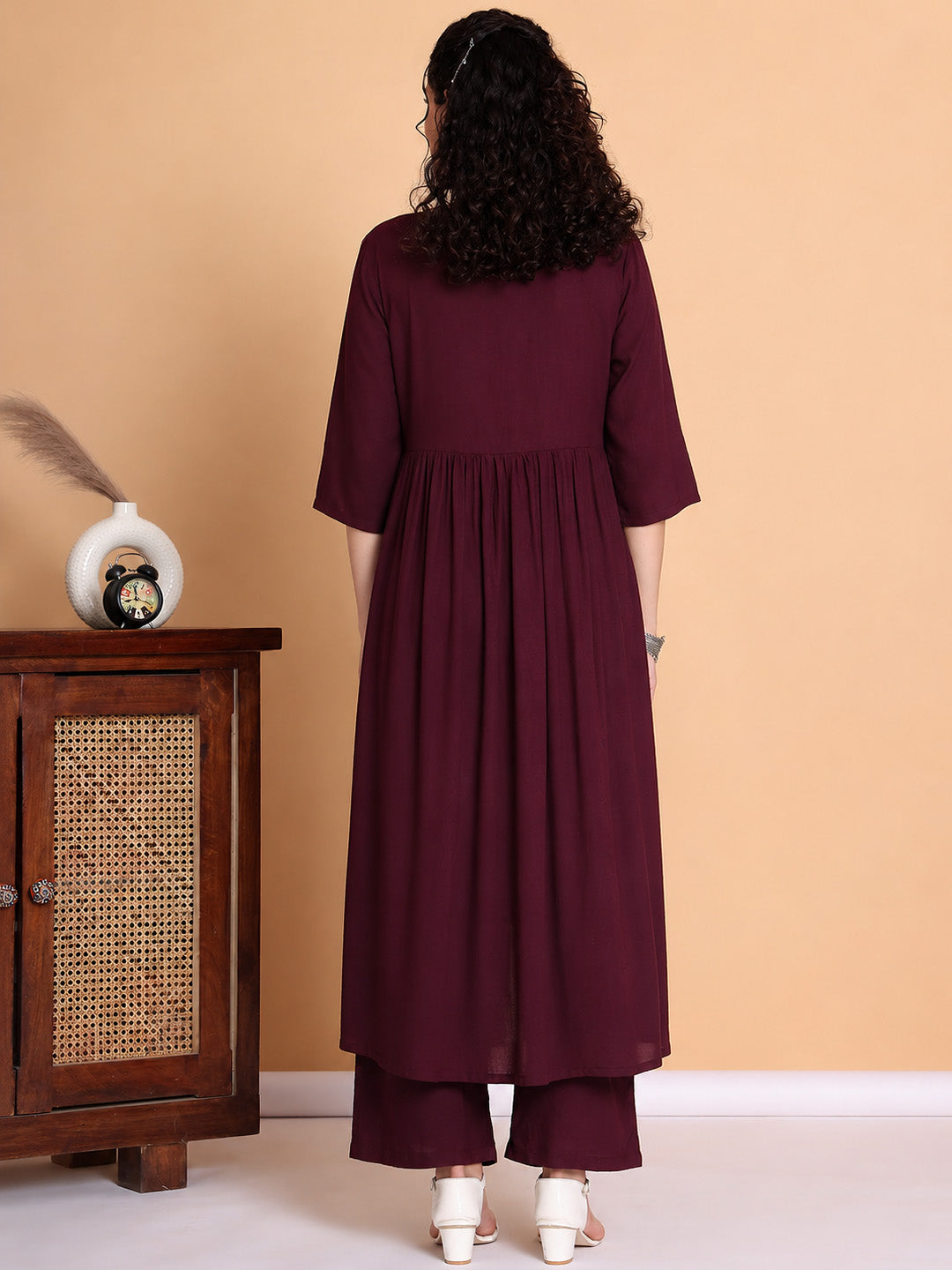 Wine Solid Rayon Maternity Kurta with Trouser