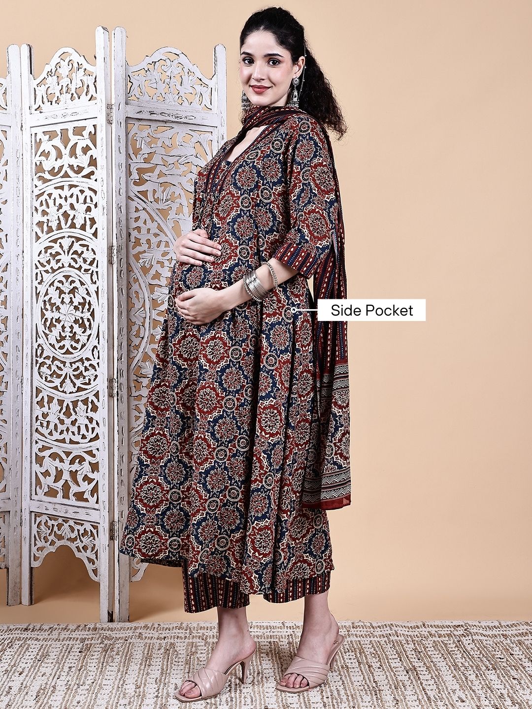 Brown Ajrakh Print Cotton Maternity Kurta with Trouser and Dupatta