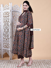 Brown Ajrakh Print Cotton Maternity Kurta with Trouser and Dupatta