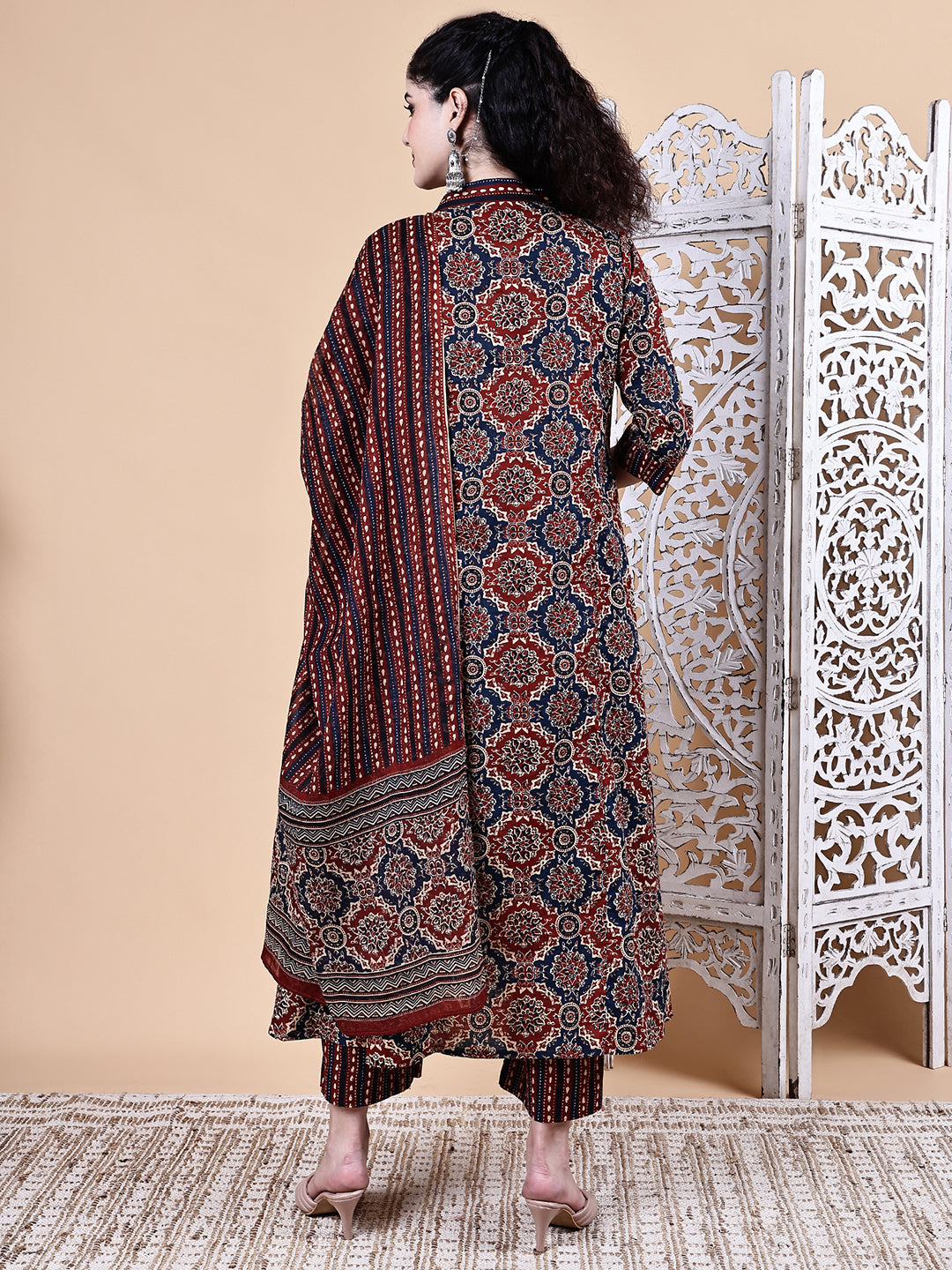 Brown Ajrakh Print Cotton Maternity Kurta with Trouser and Dupatta