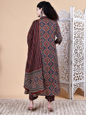 Brown Ajrakh Print Cotton Maternity Kurta with Trouser and Dupatta