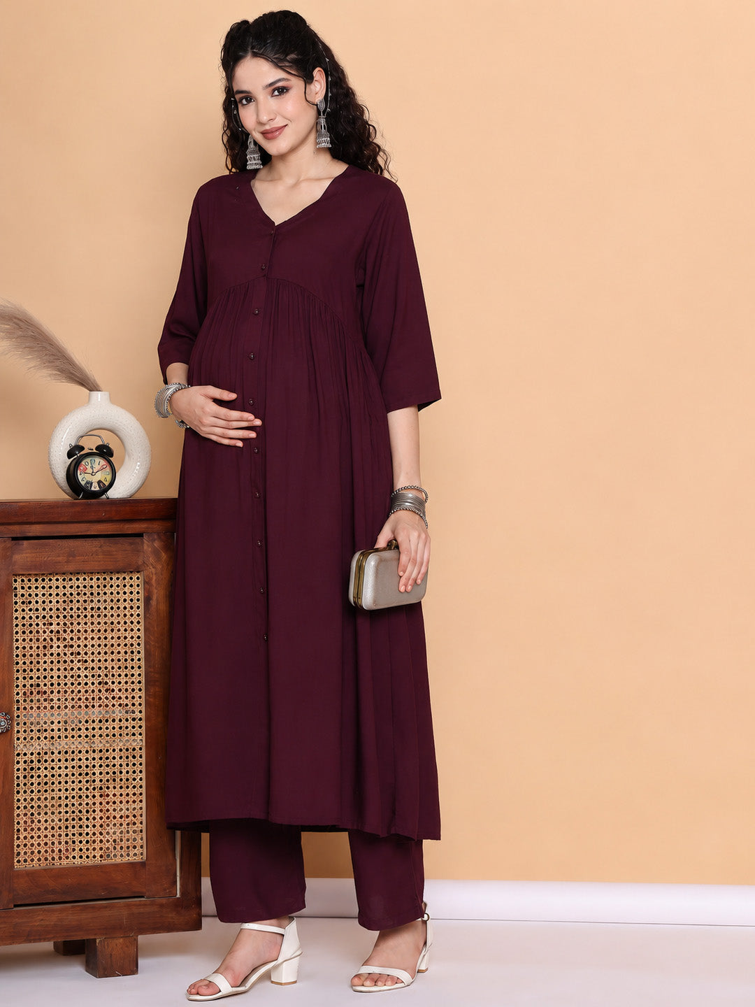 Wine Solid Rayon Maternity Kurta with Trouser