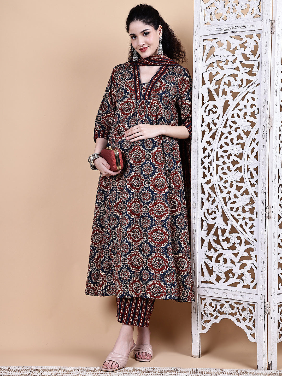 Brown Ajrakh Print Cotton Maternity Kurta with Trouser and Dupatta