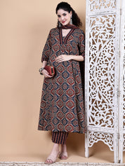 Brown Ajrakh Print Cotton Maternity Kurta with Trouser and Dupatta