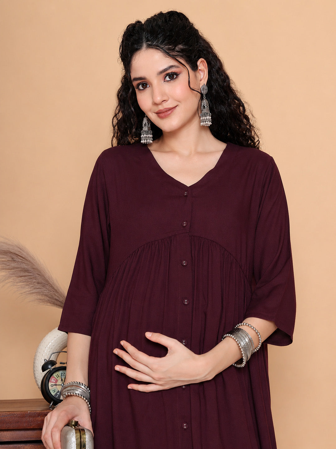 Wine Solid Rayon Maternity Kurta with Trouser