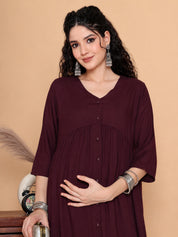 Wine Solid Rayon Maternity Kurta with Trouser