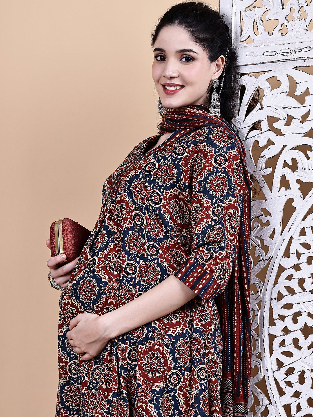 Brown Ajrakh Print Cotton Maternity Kurta with Trouser and Dupatta