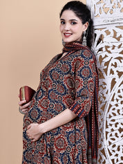 Brown Ajrakh Print Cotton Maternity Kurta with Trouser and Dupatta