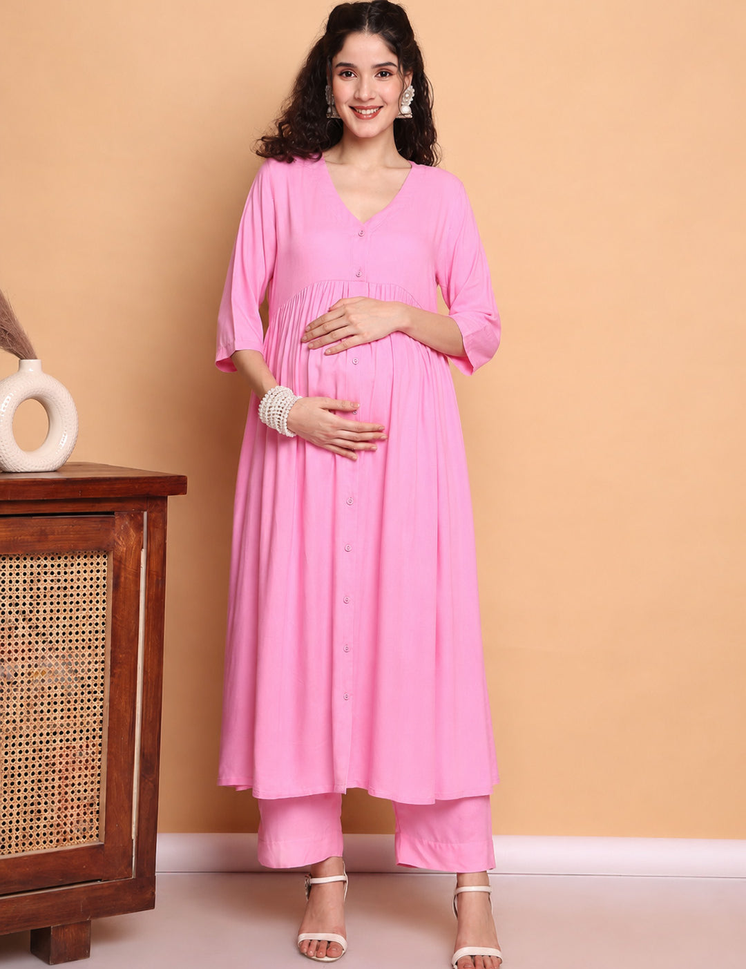 Pink Solid Rayon Maternity Kurta with Trouser