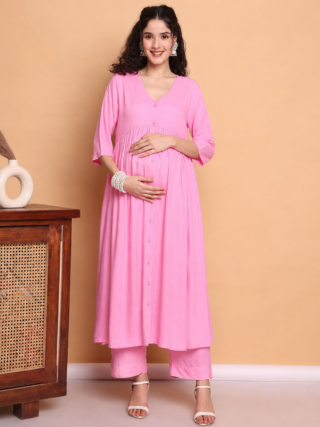 Pink Solid Rayon Maternity Kurta with Trouser