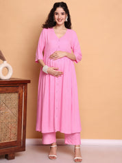Pink Solid Rayon Maternity Kurta with Trouser