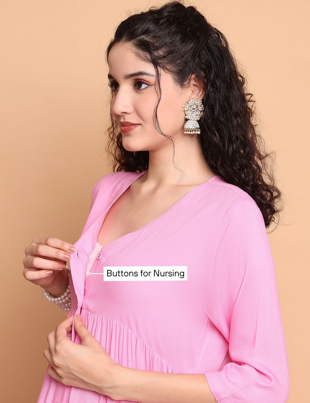Pink Solid Rayon Maternity Kurta with Trouser