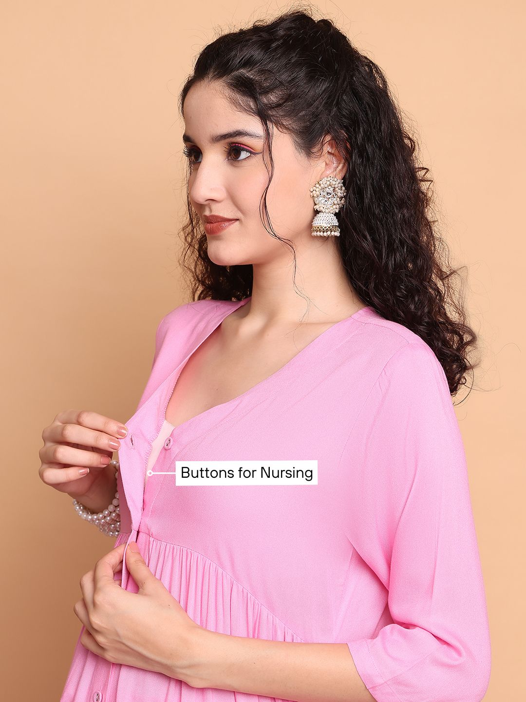 Pink Solid Rayon Maternity Kurta with Trouser