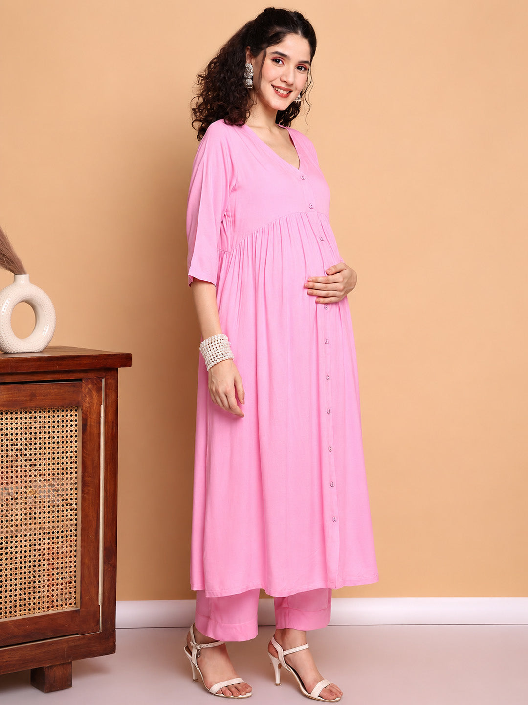 Pink Solid Rayon Maternity Kurta with Trouser